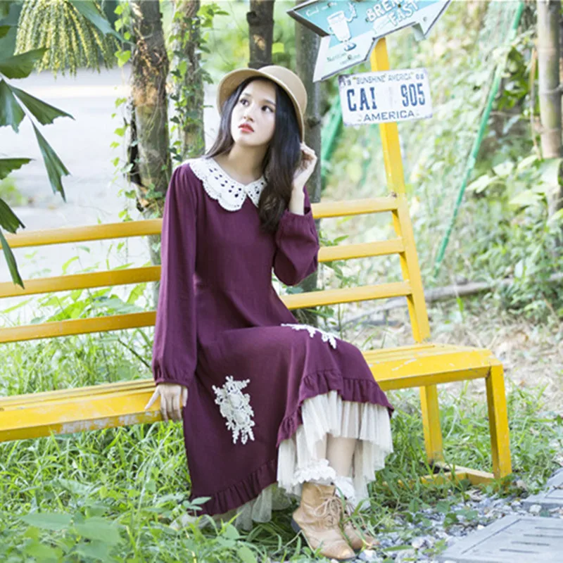 

Forest Mori Girl Style Vintage Women Dress Cotton Linen Lace Peter Pan Collar Long Sleeve Retro Dresses Vestidos Faldas 16967