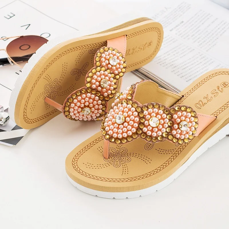 

JELLYFOND Pearl Slippers Women Platform Wedge Slipper Sandals Beach Flip Flops 2019 Rhinestone Slides Summer Shoes Plus Size 42