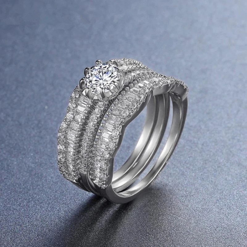 Европейские изысканные свадебные кольца с полным цирконом, роскошные серебряные позолоченные кольца из трех частей, набор для женщин, вечерние ювелирные изделия, подарки
