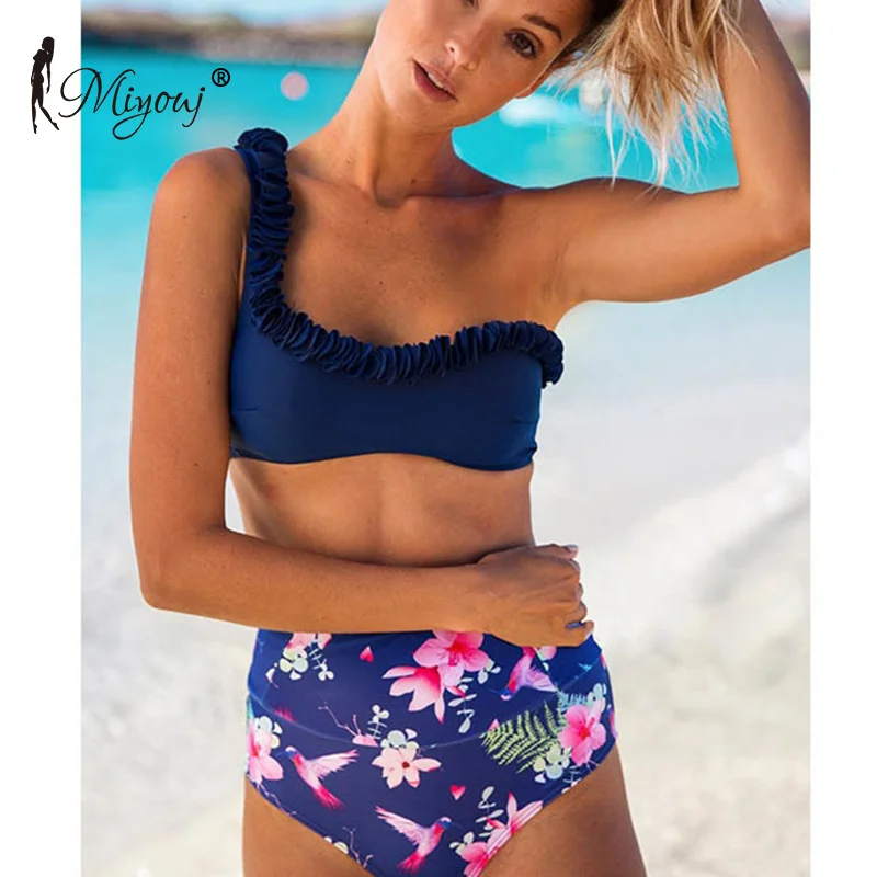 

Miyouj One Shoulder Ruffled Swimsuit Women High Waist Bikini Push Up Biquinis Feminino Brazilian Bikini Set Suit Bath Swimwear