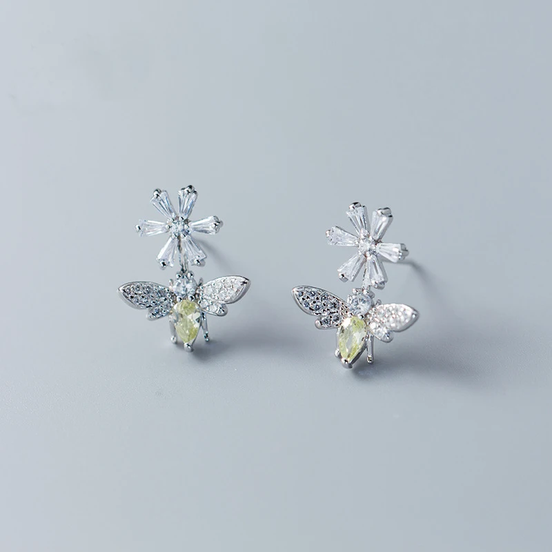 

NBSAMENG Original 925 Sterling Silver Earring Daisy Flower&Bee Shiny CZ Zircon Animal Stud Earrings For Women Jewelry Gift