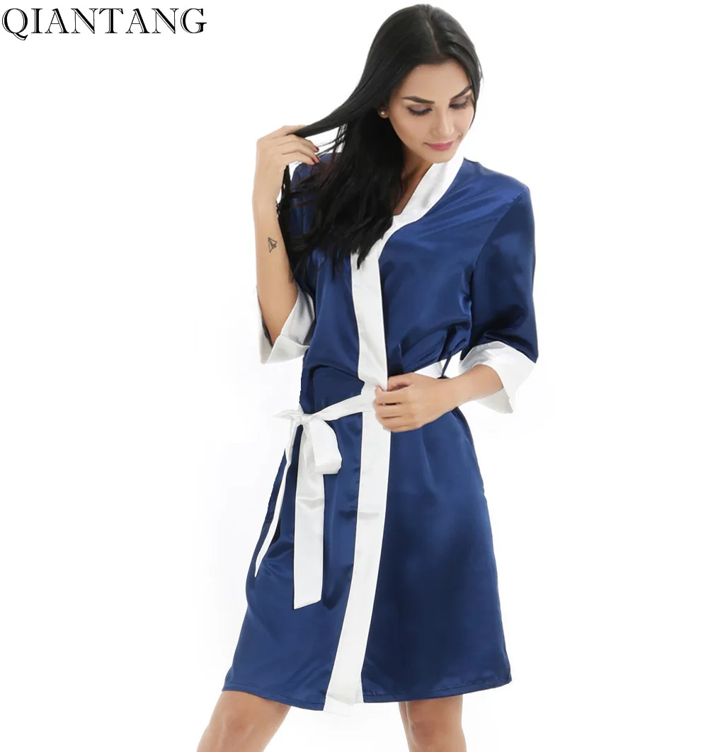 Navy Blue Womens Robe Hot Sale Faux Silk Kimono Bath Gown Female Sexy