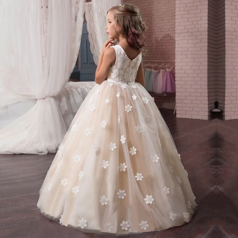 Flower Girl Wedding Party Little Bridesmaid Banquet Tail Embroidery Dress Girl's Birthday Party Dinner Party First Dinner Dress