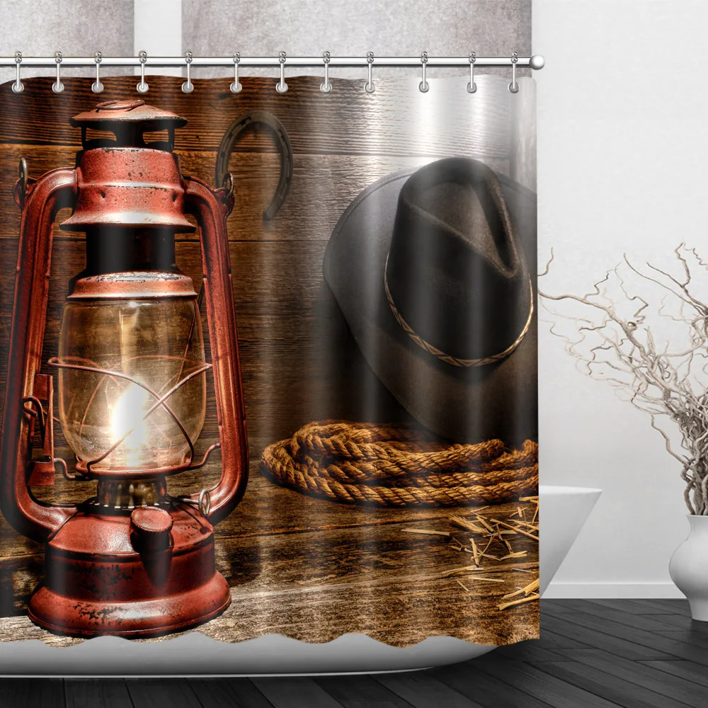 LB Vintage Oil Lamp Hat Rope Paniolo Shower Curtain Bathroom Curtains