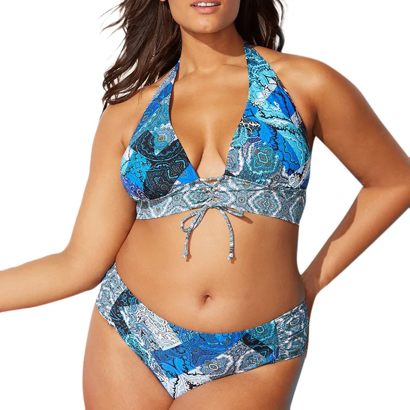 

Plus size print bikini push up high waist swimwear large sizes patchwork bathing suit plus size high waist swimsuits women #429
