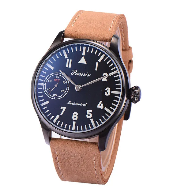 Parnis-Mechanical-Watch-Men-Hand-Winding-Black-Case-Leather-Power-Reserve-Pilot-Military-Clock-Wrist-Watch
