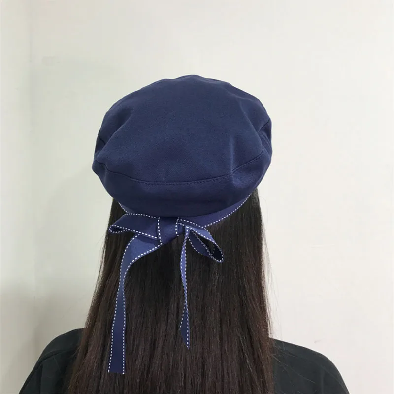 Fashion Cotton Beret Hat Women Ribbon Bow Letter Embroidery Cap Female Ladies Beanie Beret Sweet Girls For Autumn Winter