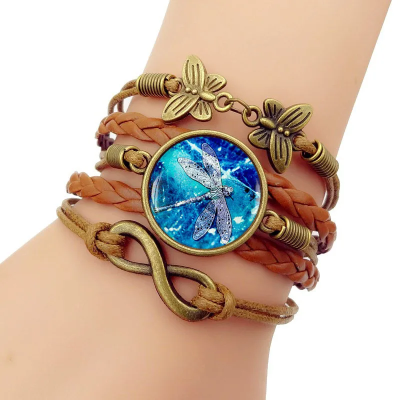 Handmade Leather Bracelet Bangle New 2019 Simple Fashion Psychedelic Dragonfly Time Gem Vintage Butterfly Jewelry Accessories | Украшения и