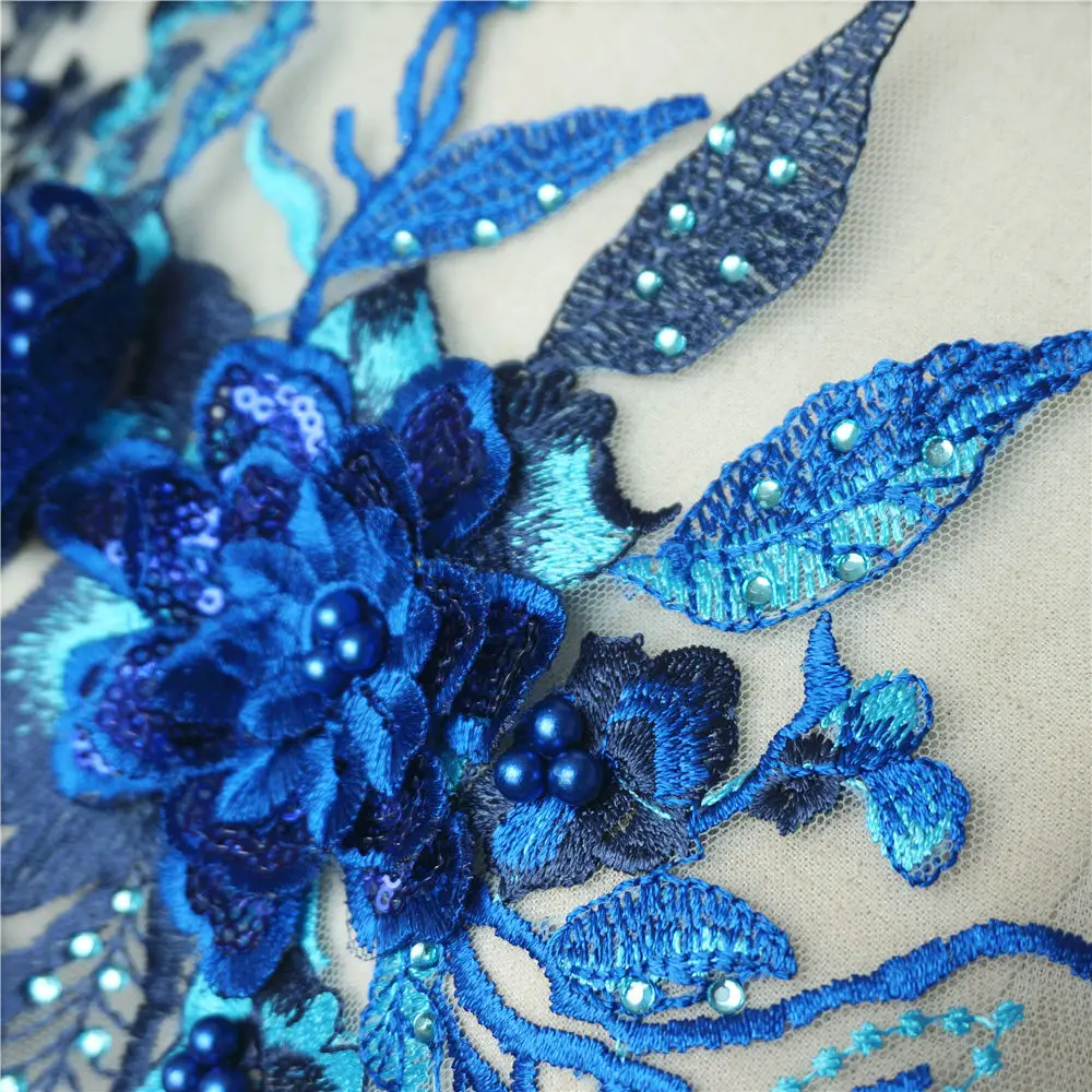 Королевский синий Ткань 3D цветы розы бусины стразы аппликации с блестками кружево отделка вышивка сетка пришить патчи для свадьбы DIY