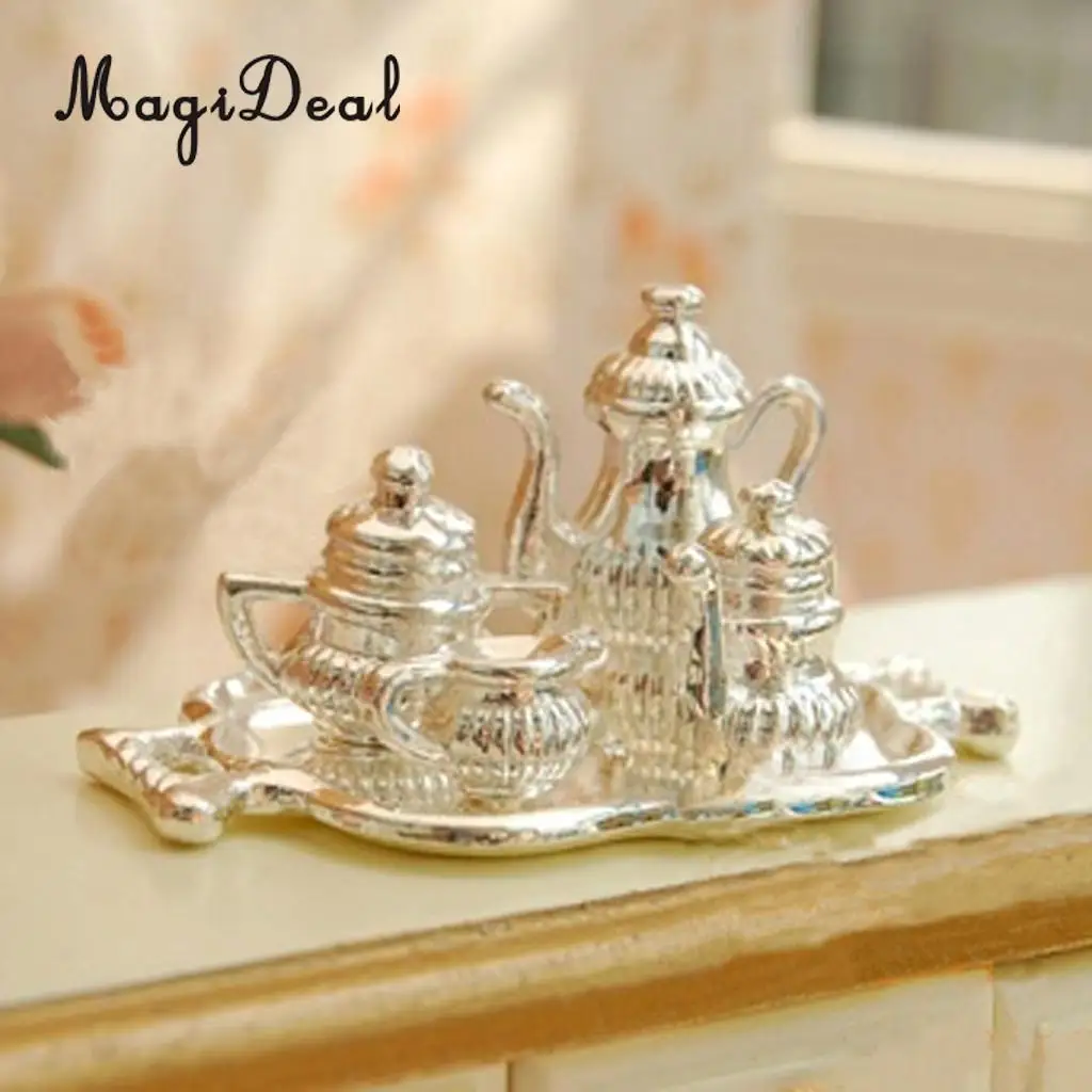 MagiDeal 5 قطعة/المجموعة 1/12 دمية مصغرة الفضة المعادن عدة نبيذ للدمى ديكورات منزلية الاطفال الأطفال الأثاث اللعب