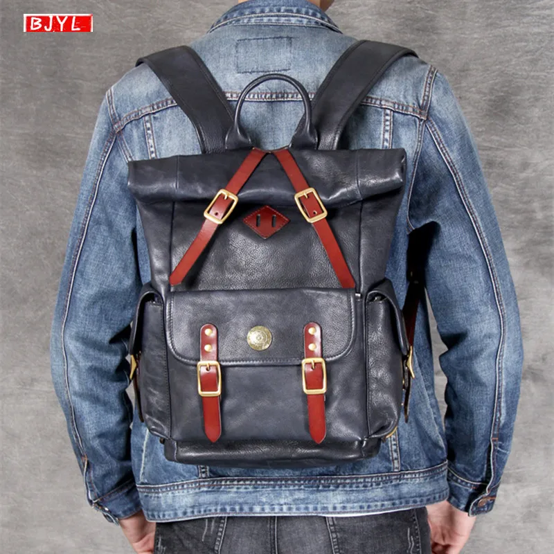 

2019 First layer leather Men backpack male shoulder bag original retro travel backpack vegetable tanned leather laptop backpacks