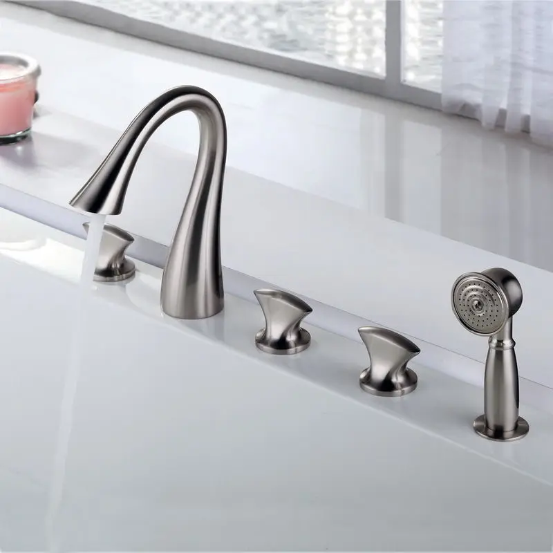 

Free ship Contemporary Nickel Brushed Five Holes Three Handles Waterfall Bathtub SWAN Faucet with Hand Shower