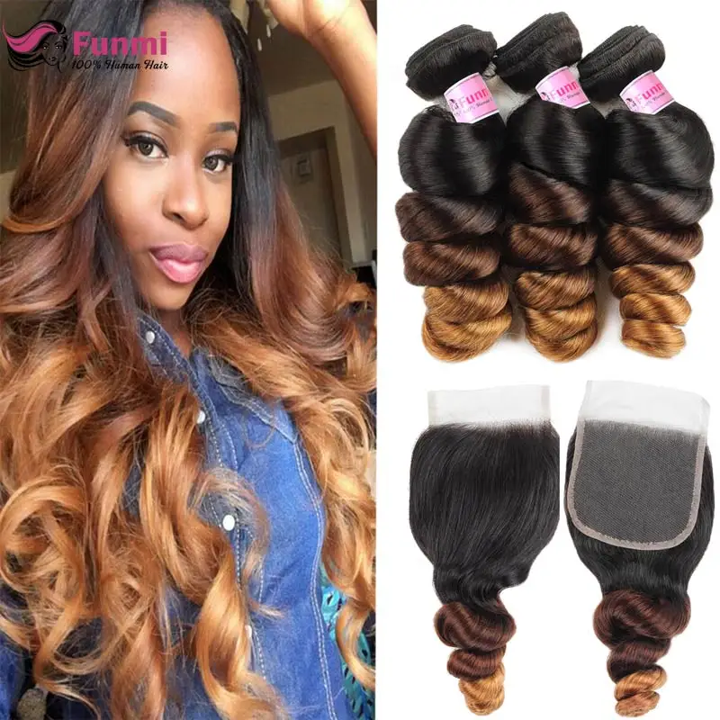 

Ombre Loose Wave Bundles with Closure 1B/4/30 Light Brown Bundles with Closure Funmi Virgin Brazilian Hair Bundles with Closure