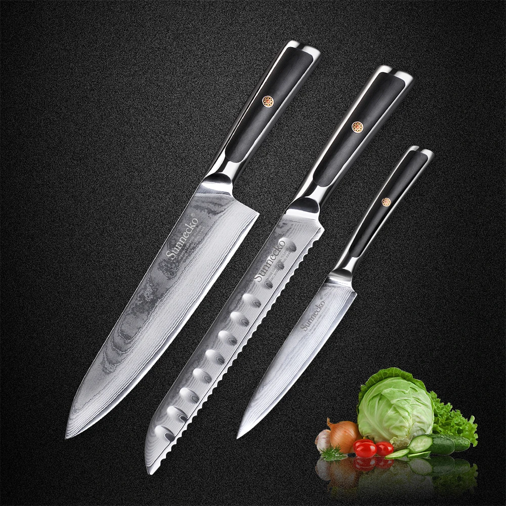  SUNNECKO 3pcs Kitchen Knives Set Japanese VG10 Core Damascus Steel Razor Sharp Blade G10 Handle Che - 32857658430