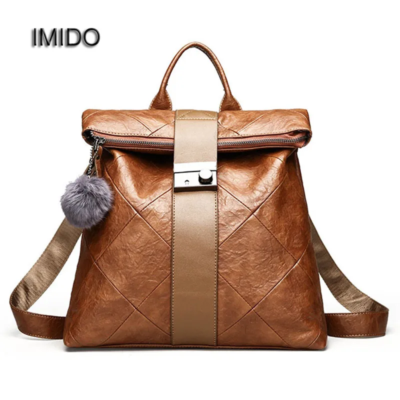 

IMIDO Safe Lock Female Backpack PU Leather Backpacks for Women Backbag Fur Ball School bags girls mochila feminina baobao SLD094