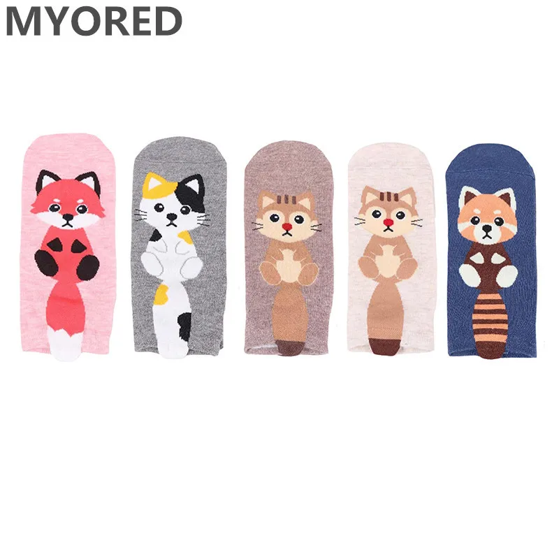Женские носки MYORED 5 пар милые хлопковые тапочки с рисунком лисы и животных в