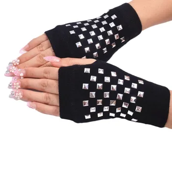 

New Lady Rhinestone Fingerless Gloves Women Men Sparkling Knitted Girl Boy Black Wool Half Finger Computer Mitts Warm LB