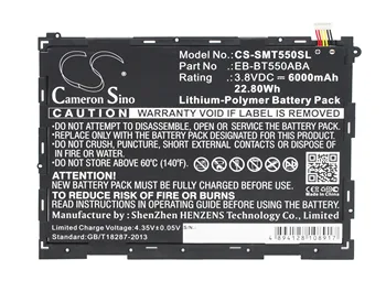 

Cameron Sino 6000mAh Battery EB-BT550ABA for Samsung SM-P350, SM-P351, SM-P550, SM-P555, SM-P555Y, SM-T550, SM-T555, SM-T555C