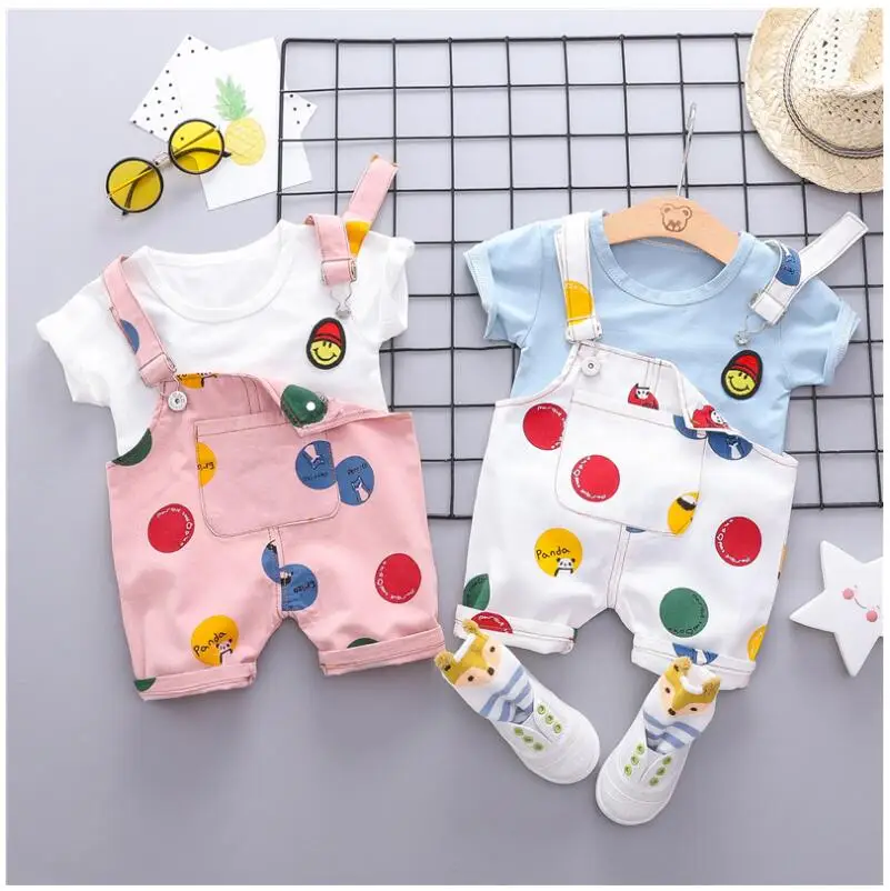 

2019 Summer Infant Toddler Clothes Suits Baby Girls Boys Clothing Sets T Shirt Strap Shorts Kids Children Casual Suit