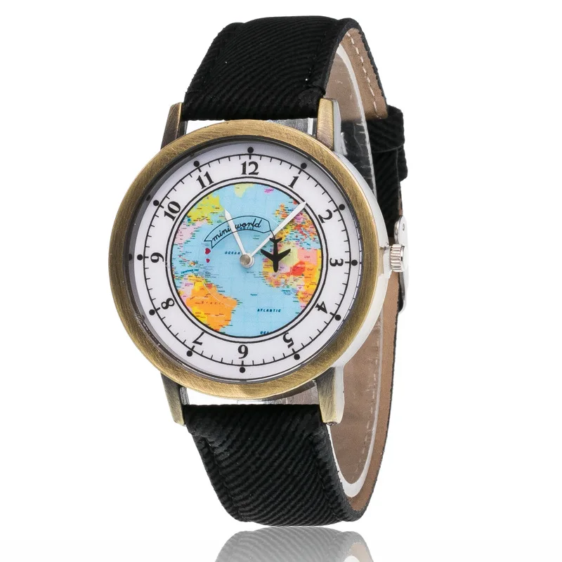 Модные брендовые кварцевые часы с рисунком в виде самолета, Мультяшные часы, женские повседневные винтажные кожаные Наручные часы для девочек, подарки - Цвет: Черный
