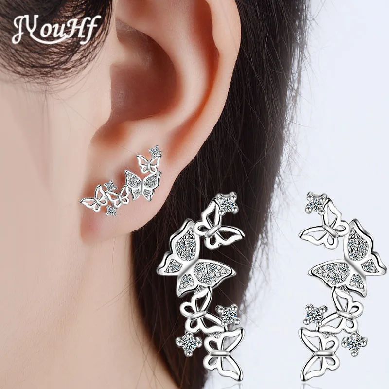 

JYouHF New Arrival S925 Sterling Silver Sparkling Butterfly Stud Earrings for Women Shiny Zircon White Rose Gold Color Earrings