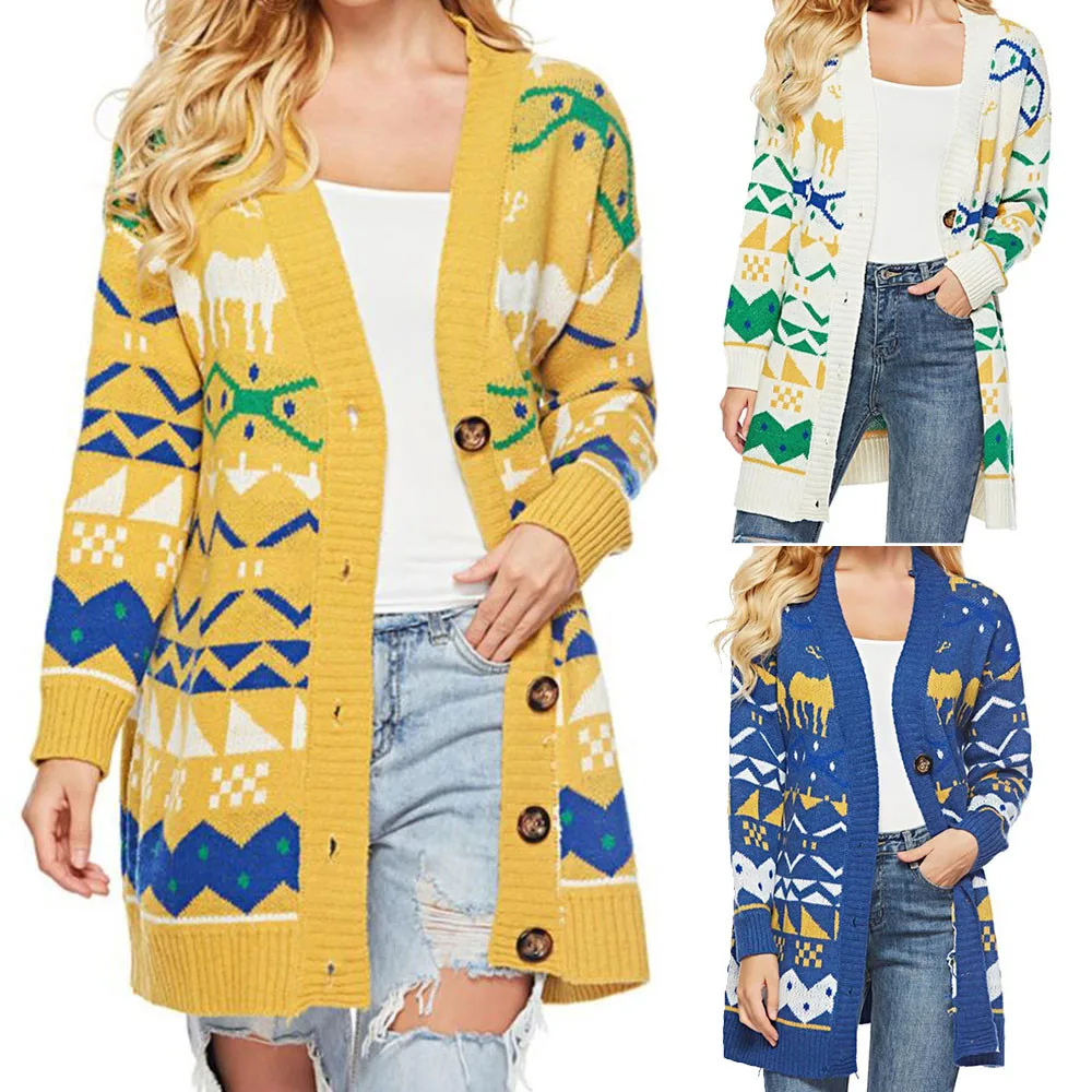 

Sweater Autumn Winner Sweater Women Knitted Printing V Neck Long Sleeve Button Loose Sweater Pullover Coat