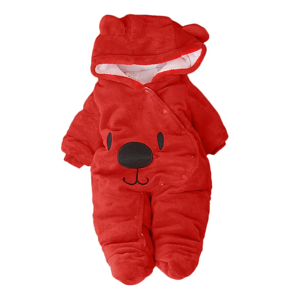 Милый зимний комбинезон для новорожденных девочек и мальчиков, одежда для малышей, однотонный бархатный комбинезон с капюшоном и медведем, комбинезон с капюшоном, одежда - Цвет: Red