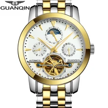 GUANQIN Часы Мужчины Спорт Люкс Tourbillon Часы Скелет Мужские Автоматические Дата Механическая Золото Стали Часы relogios masculino