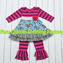 Wholesale baby girls red stripe with roses belt cotton dress latest Children Kids match stripe ruffle pants boutique Clothing