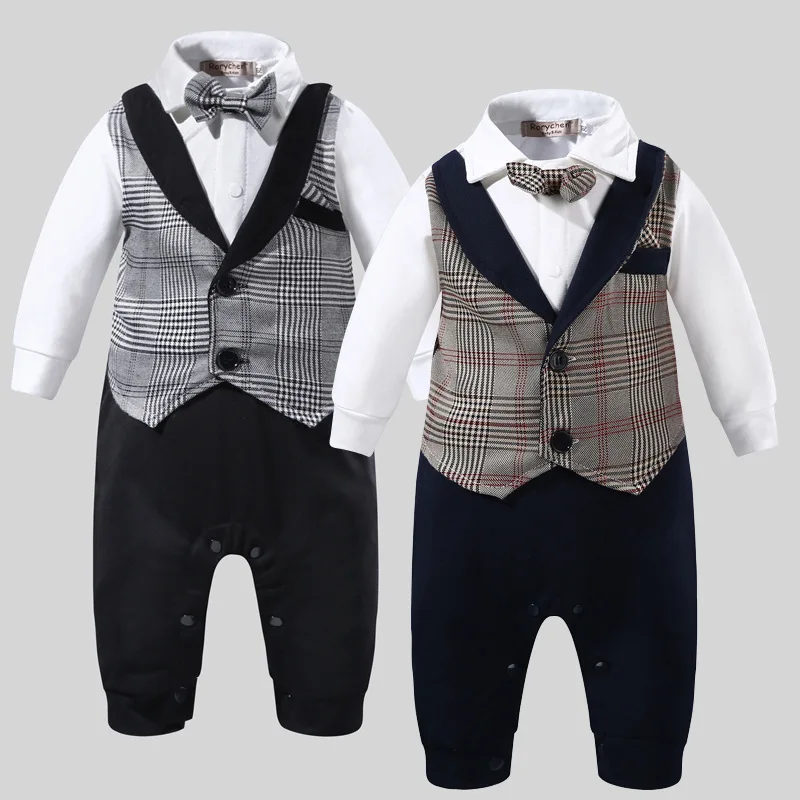 

New spring baby formal rompers boys one pieces with tie long sleeve Suit fake two piece jumpsuit children's clothes 0-2Y