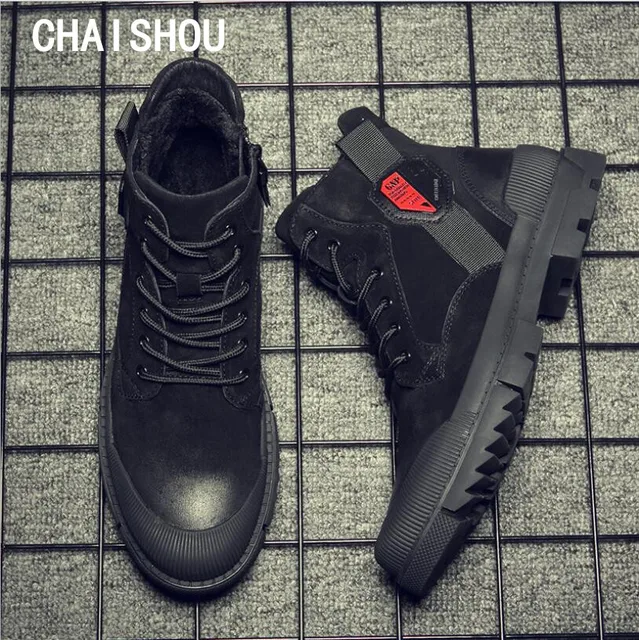 US $35.38 CHAISHOU man sneakers shoes Winter Genuine Leather lace-up round head black flat casual shoes CS-64