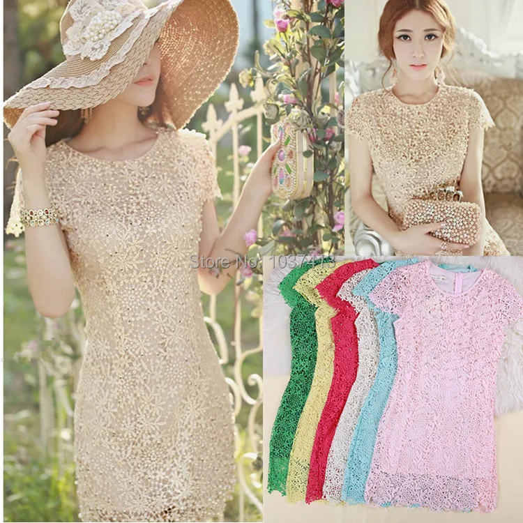 High Quality 2015 Summer Women Dress New Hot Sale Handmade Beading Lace