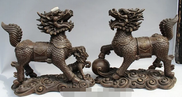 

007937 11"Chinese Pure Bronze Guardian Beast Animal PiXiu kylin Unicorn Statue Pair