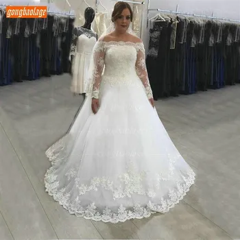 

Sumptuous Off Shoulder Appliqued Lace Ivory Wedding Dresses Long Sleeves Ball Gown White Bridal Sress Custom Made Wedding Gowns