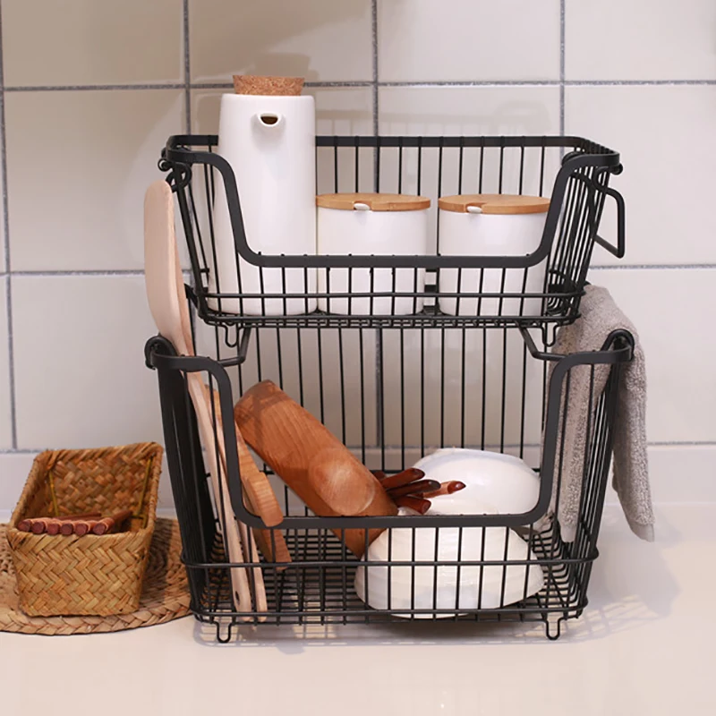 

Iron Storage Basket Stackable Kitchen Storage Organizer Fruit Tableware Drain Storage Holder Bathroom Storage Basket With Handle