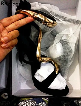 

Summer open toe sandals metal snake decor woman black sexy pumps metallic gold design thin heel suede female gladiator sandals