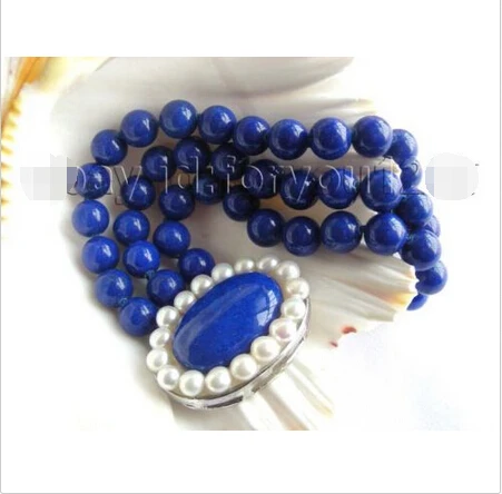 

8" 3rows Natural 10mm Round Blue Lapis Lazuli Bracelet! e SHIPPING 5.26