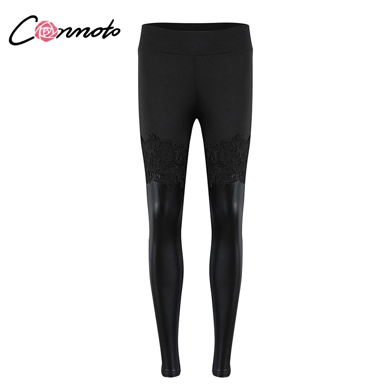 Conmoto Чёрные женские брюки с эластичной талией, женские брюки из искусственной кожи, женские стрейчевые штаны с высокой талией, женские узкие брюки с кружевом - Цвет: Черный