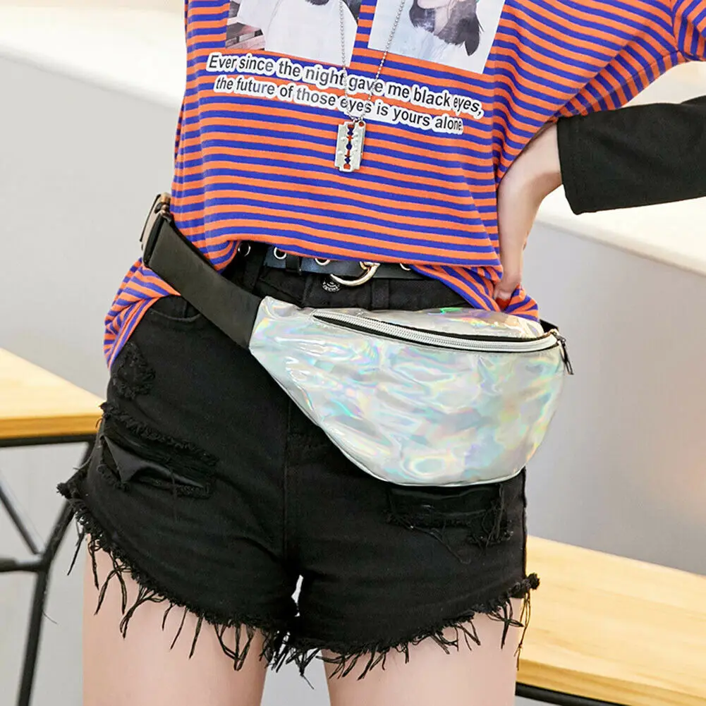 Laser Waist Packs Bags Women Pure Color Fanny Pack Female Belt Bag Black PVC Waist Packs Laser Chest Phone Pouch