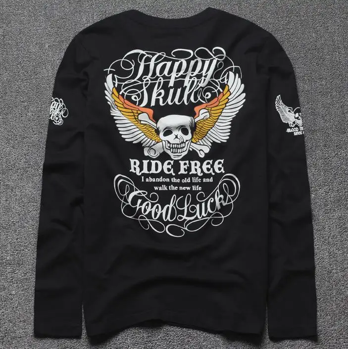 

Men's Skull Wings Print T-Shirts Men Casual Cotton Long Sleeve Ukiyoe Tattoo Art Design Slim Fitted Hip Rock Motorcycle T shirt