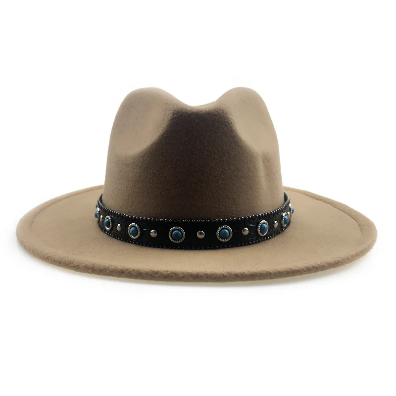 Новые осенние фетровая шляпа с красивым поясом для Для женщин Для мужчин зимние Джаз Панама Шапки Винтаж шляпа Кепки широкими полями чувствовал шапки YY18098 - Цвет: Camel Felt hats
