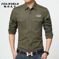 2016 г. Весна военные качества мужская повседневная брендовая Army Green рубашки мужские осенние 100% хлопок хаки, черный длинная рубашка M-5XL