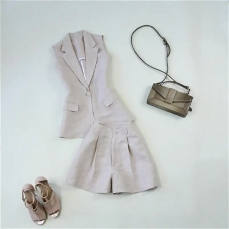 

Fashion suit women's summer New large size Casual linen thin suit vest + wide leg high waist shorts two-piece suit women's