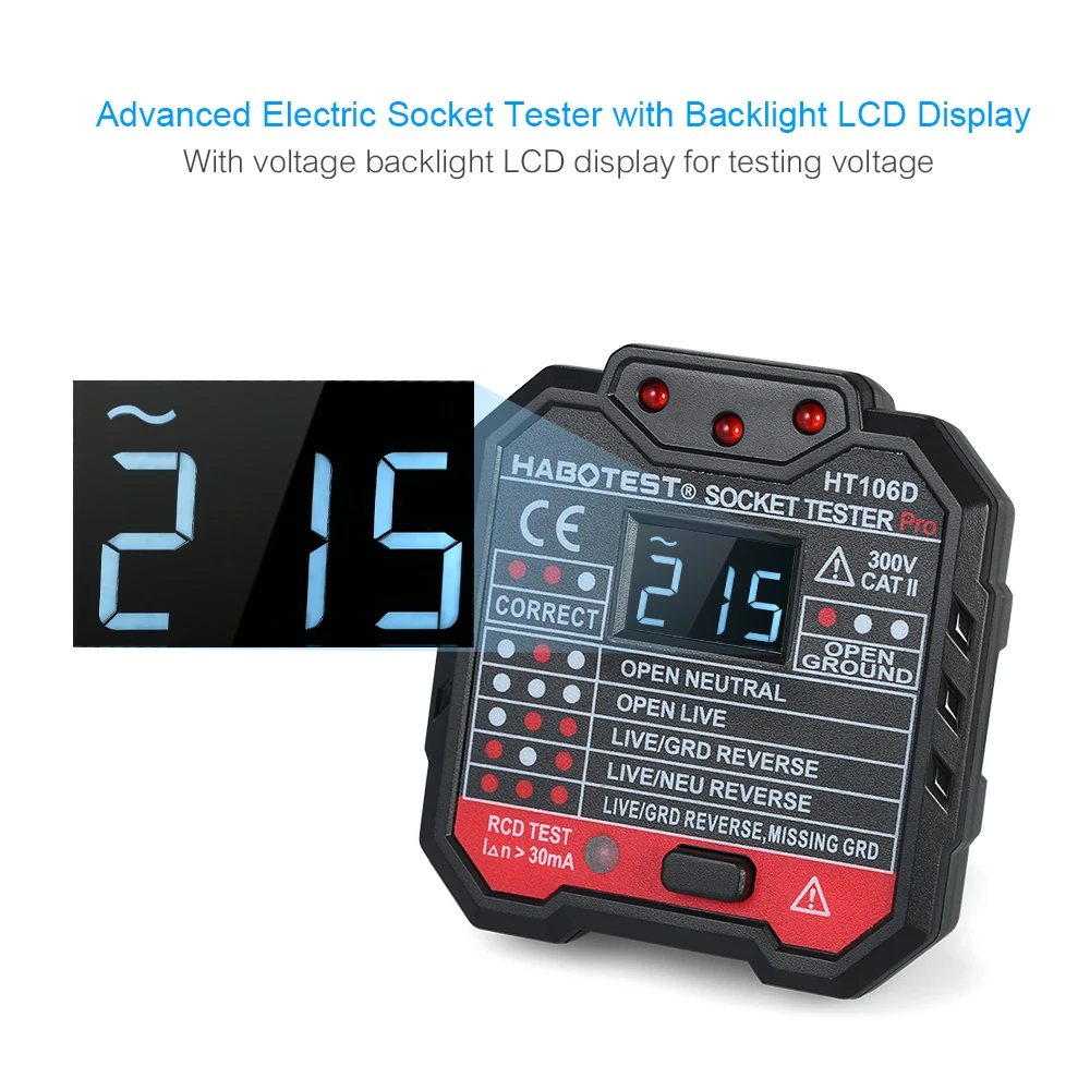 

HT106D Digital Display Socket Tester Multi-function Electroscope EU Plug Polarity Phase Check detector Voltage Test