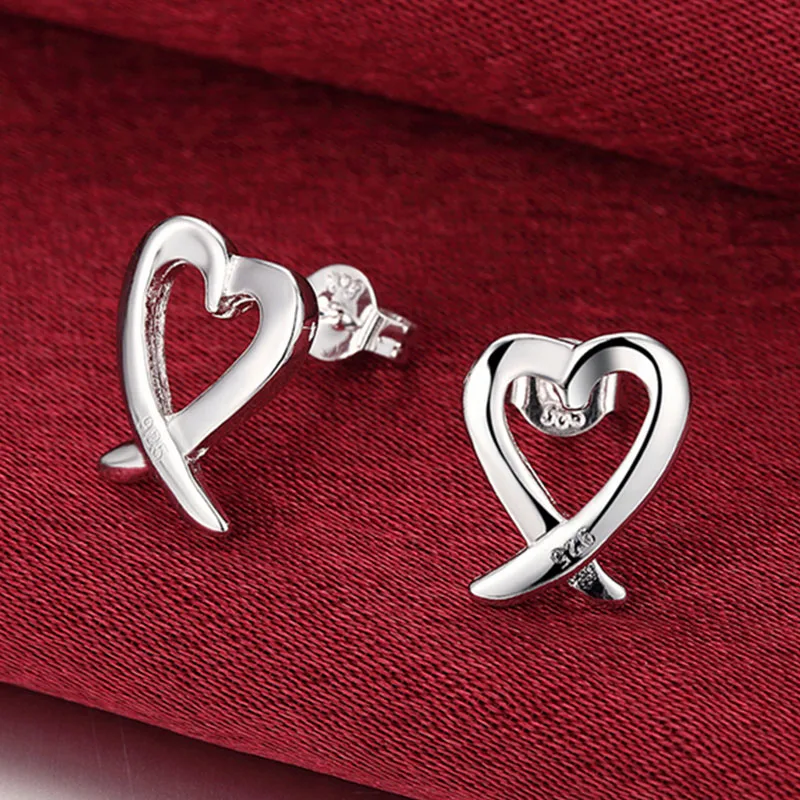 

925 Silver Color Women Jewelry Fashion Cute Tiny Hollow Heart Stud Earrings For Daughter Girls