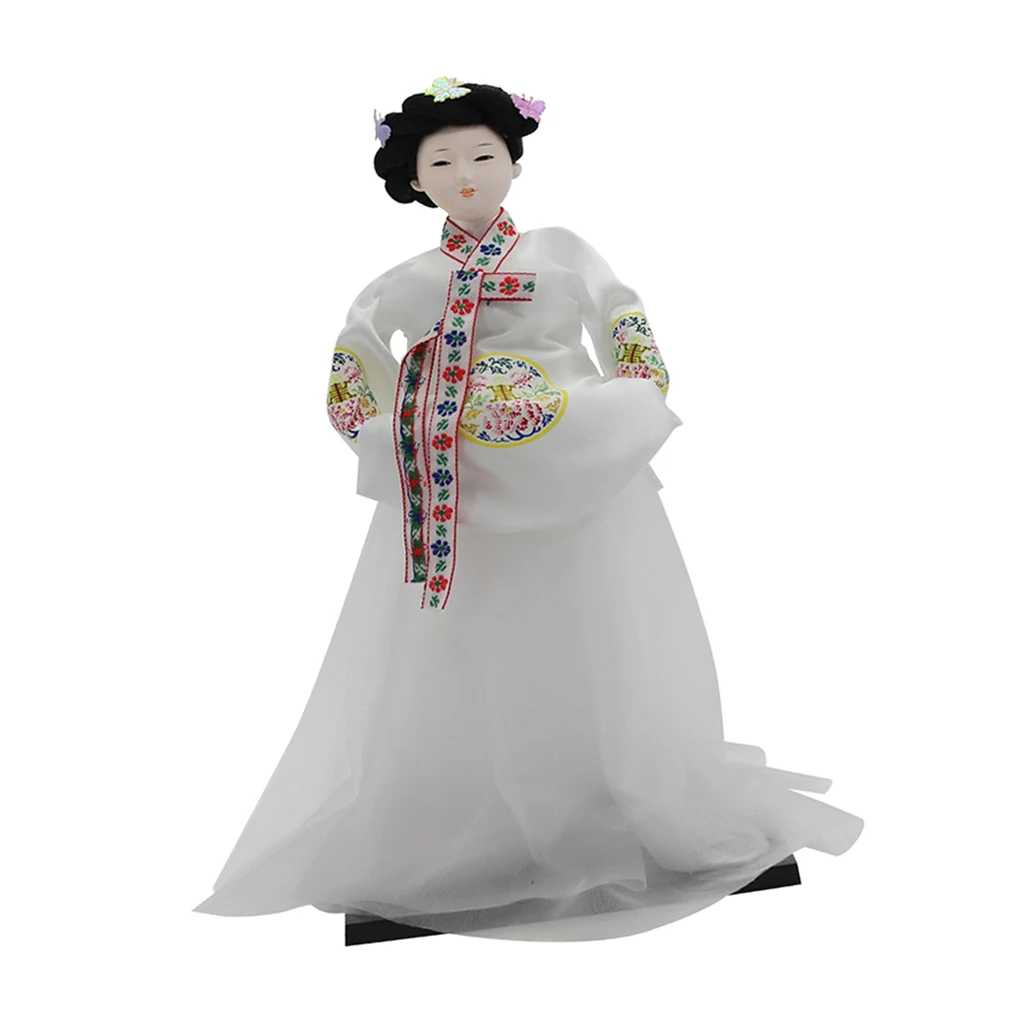 12inch Vintage Korean Geisha Doll Wearing  Hanbok White Dress Oriental Dolls Model Gift Adults Collectibles