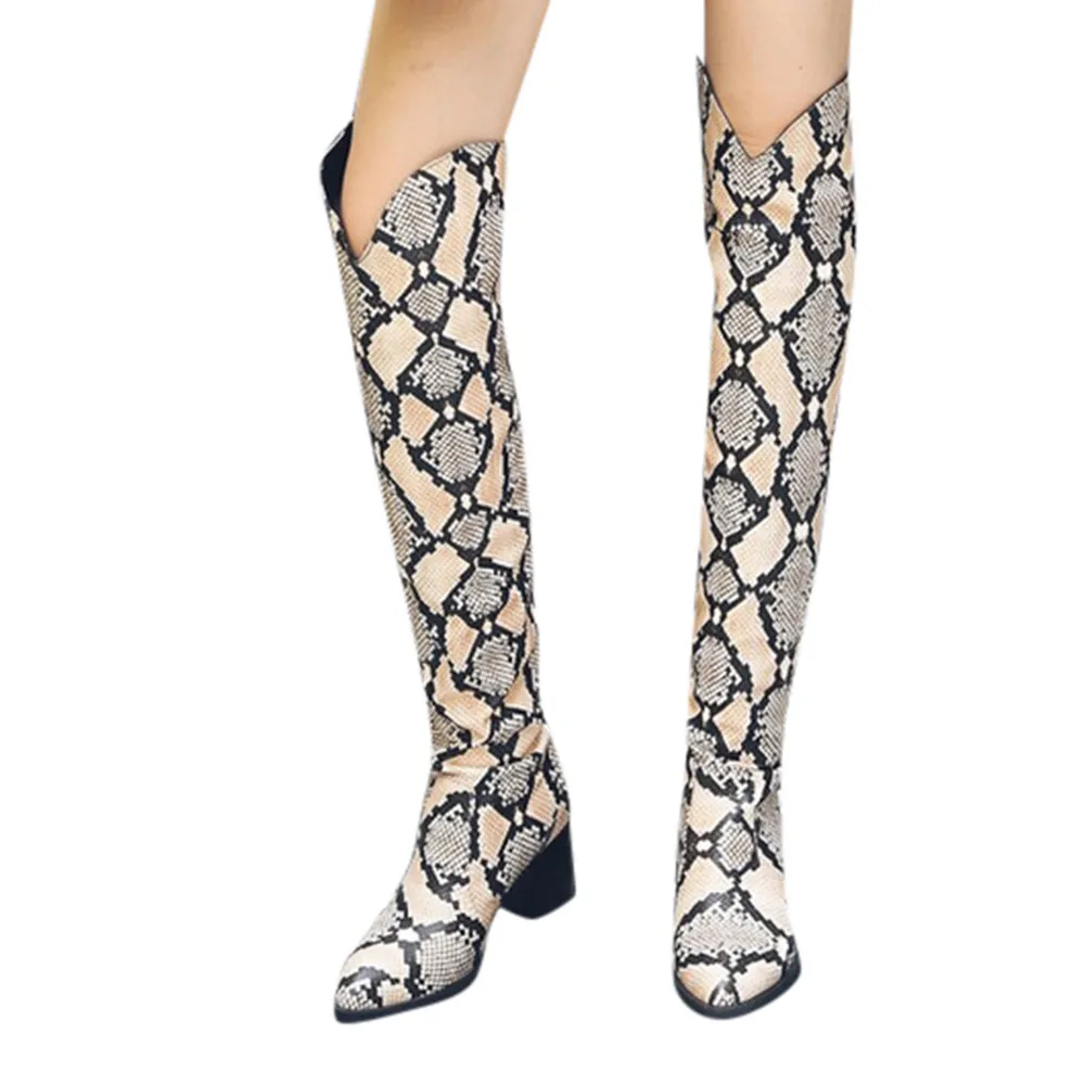 

Winter Snake Pattern Boot for woman 2019 Over-Knee Slip-on Retro Knight Boots high heel Ladies Martin shoes botines mujer 2019 c