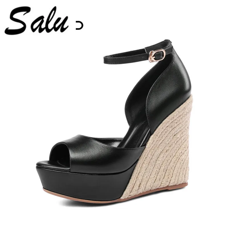 

Salu 2018 hot sale women sandals simple buckle summer shoes genuine leather shoes elegant peep toe wedges high heels shoes