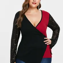 Wipalo размера плюс кружевная панель рукав черный и красный двухцветная Лоскутная футболка Повседневная с глубоким вырезом асимметричный подол Топ Большой размер 4XL