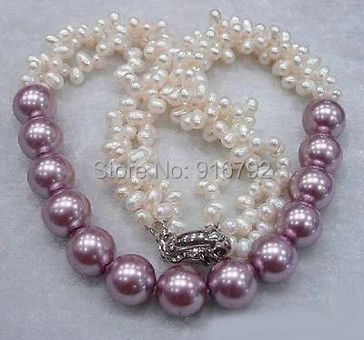 

YH@CS >>3 Rows White Pearl & Purple South Sea Shell Pearl 18KWGP Clasp Necklace